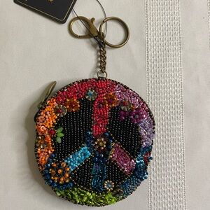 BNWT  Mary Frances Beaded Coin Purse Key FOB Make Peace Sign Wallet Colorful NEW